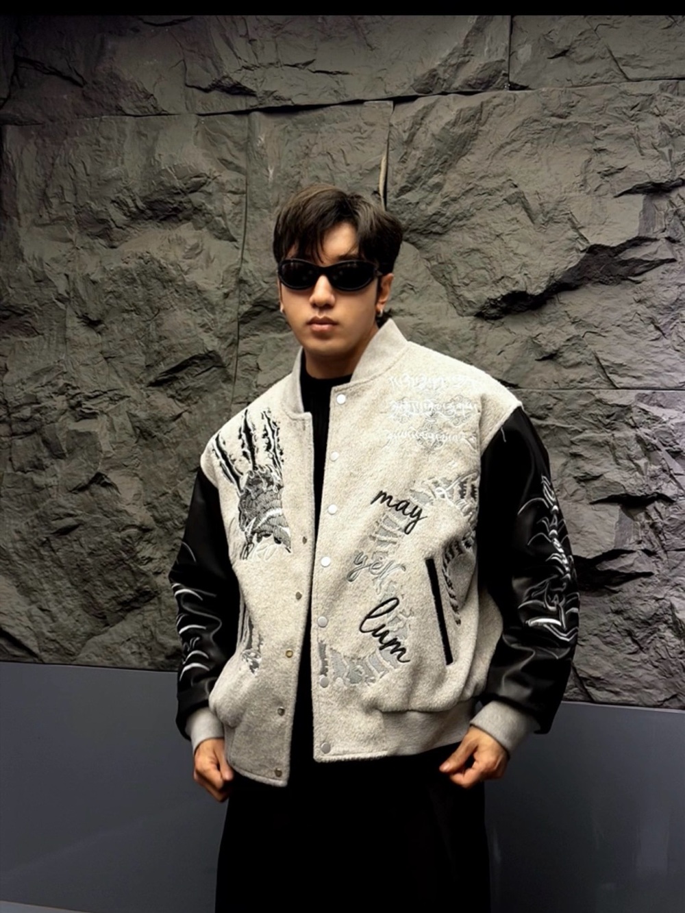 Embroidered Gray & Black Varsity Bomber Jacket